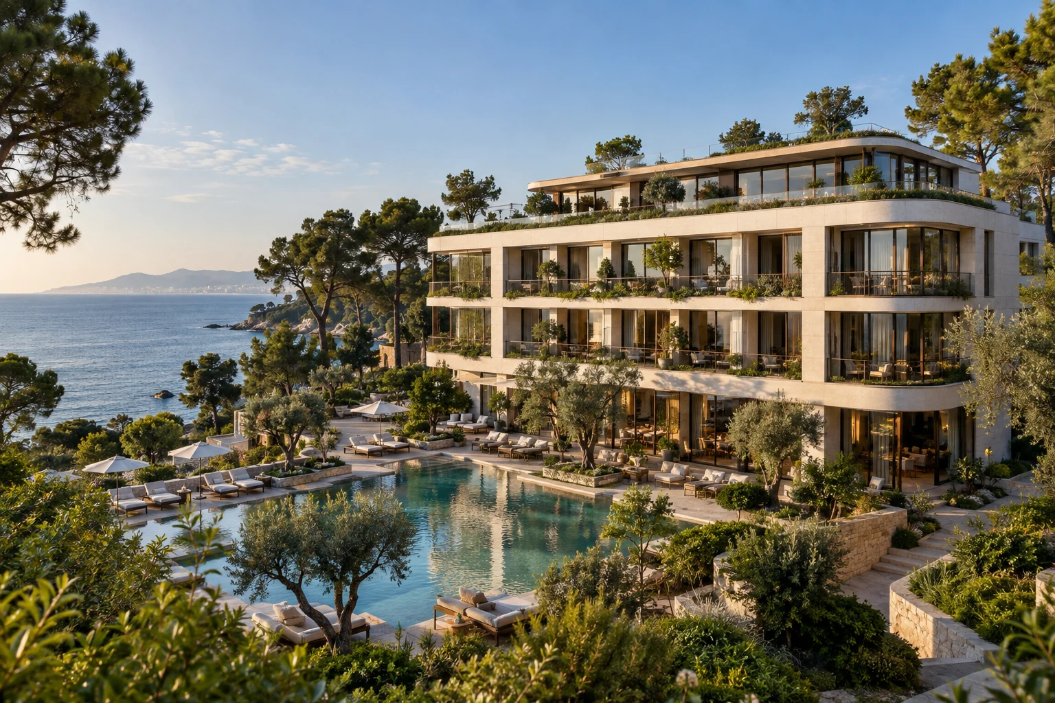 Illustrative coastal hotel with planted terraces and a pool overlooking the sea