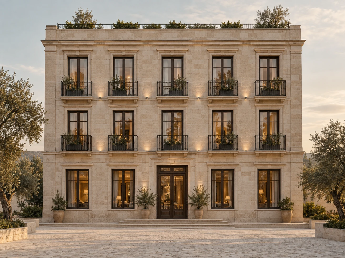 Illustrative boutique hotel with a limestone facade, balconies and a planted roof terrace